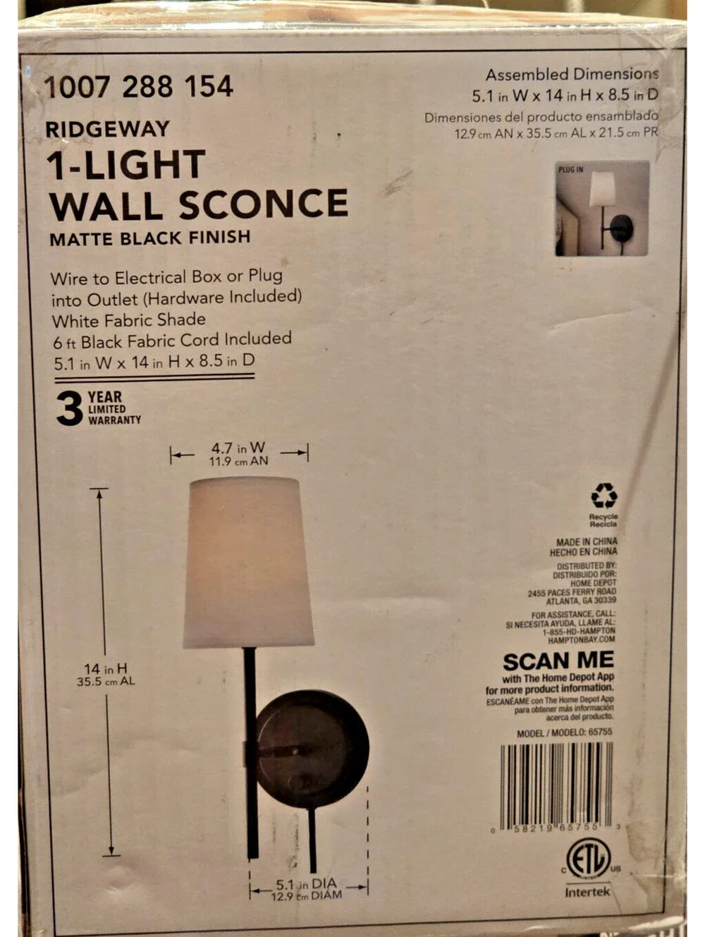 Hampton Bay Ridgeway 1-Light Matte Black Wall Sconce Bathroom/Bedroom/Living #2